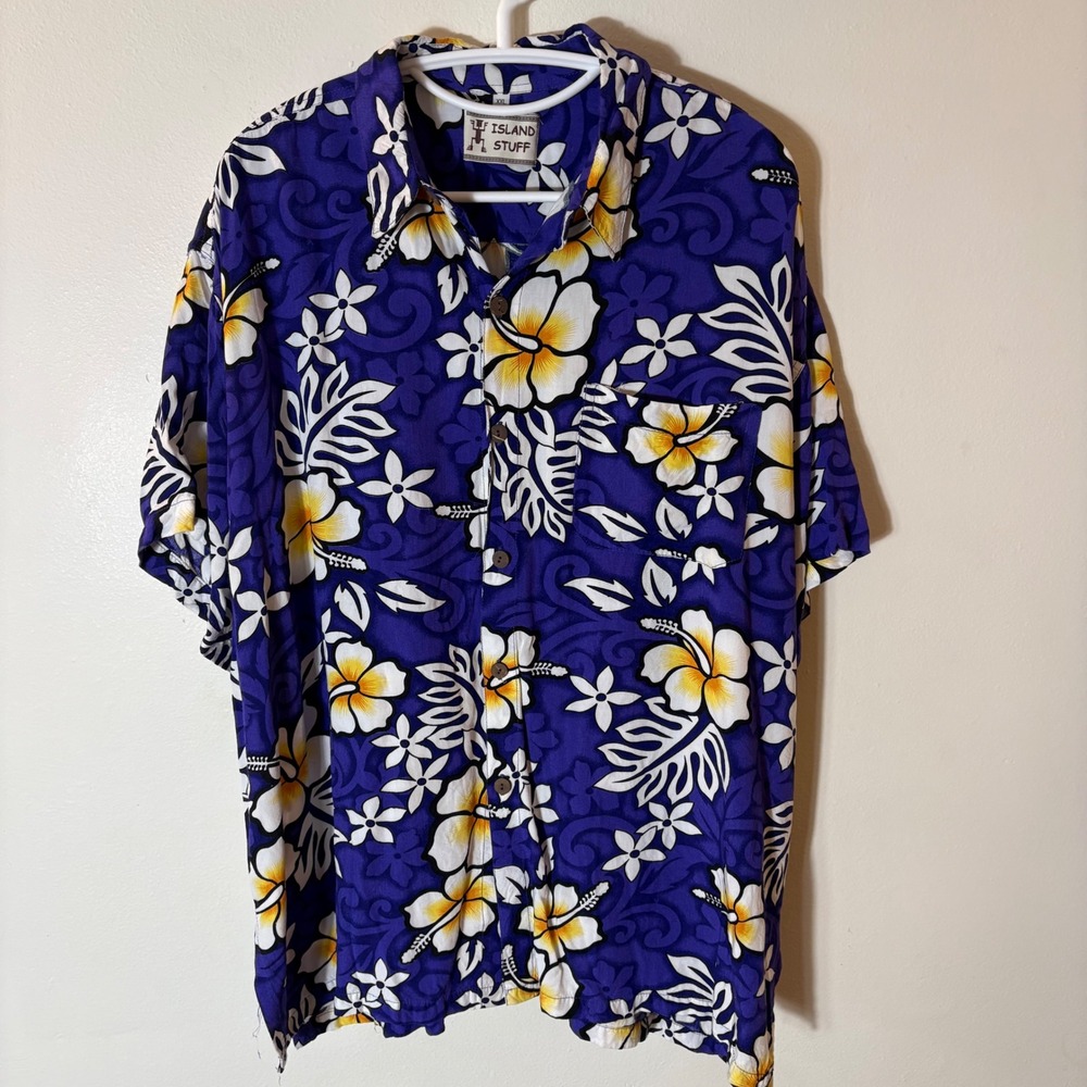Island‎ Stuff Mens XXL Purple Hibiscus Floral Short Sleeve Hawaiian Aloha Shirt
